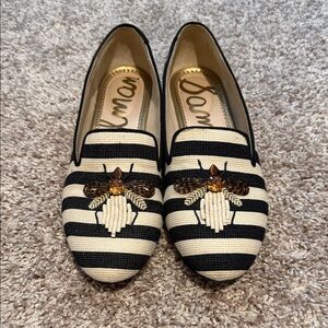 Sam Edelman Black and Cream Striped Loafers with Embroidery